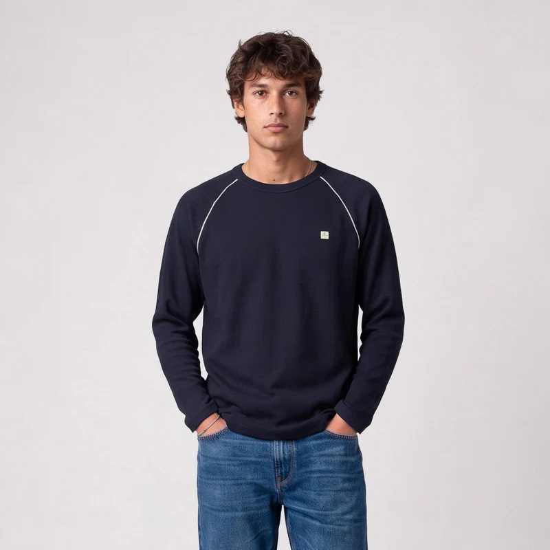T-shirt manches longues raglan piping col rond coton gaufré bleu marine SBPLAY