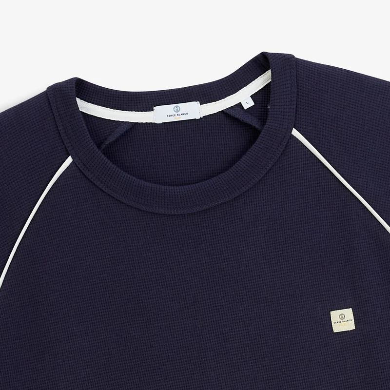 T-shirt manches longues raglan piping col rond coton gaufré bleu marine SBPLAY