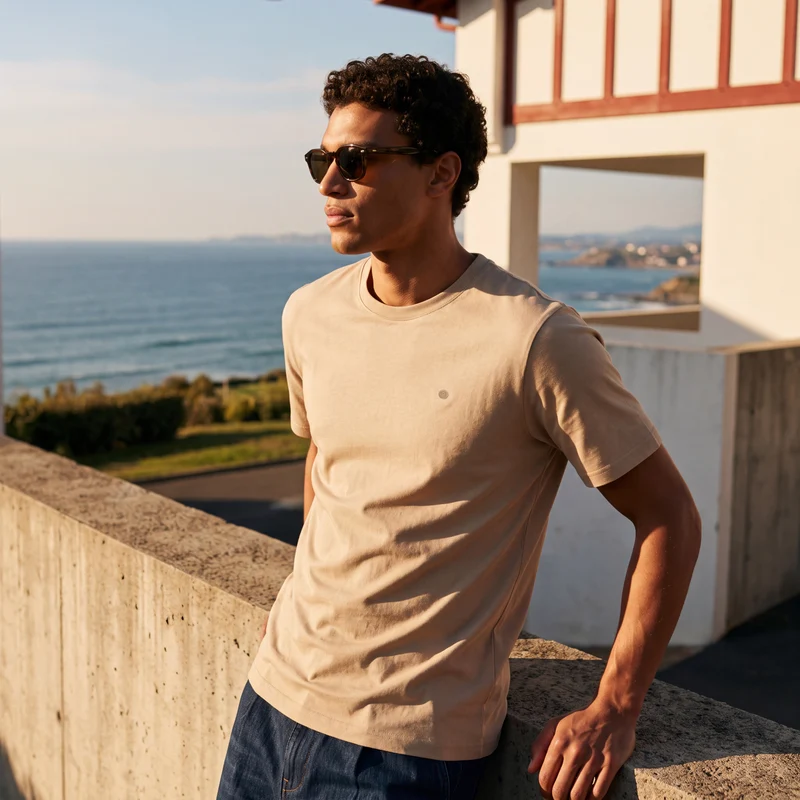 T-shirt manches courtes 100% coton jersey texturé beige Théo