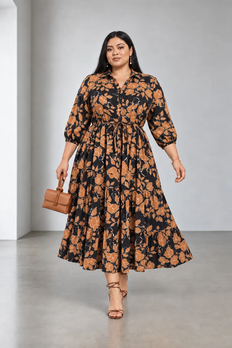 Orena|Viscose Tiered Midi Shirt Dress
