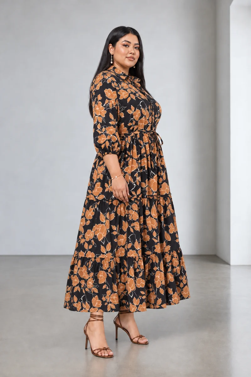 Orena|Viscose Tiered Midi Shirt Dress