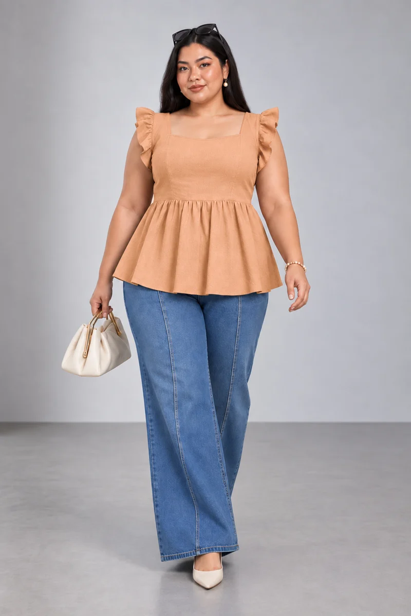 Miela|Cotton Sweetheart Neck Peplum Top