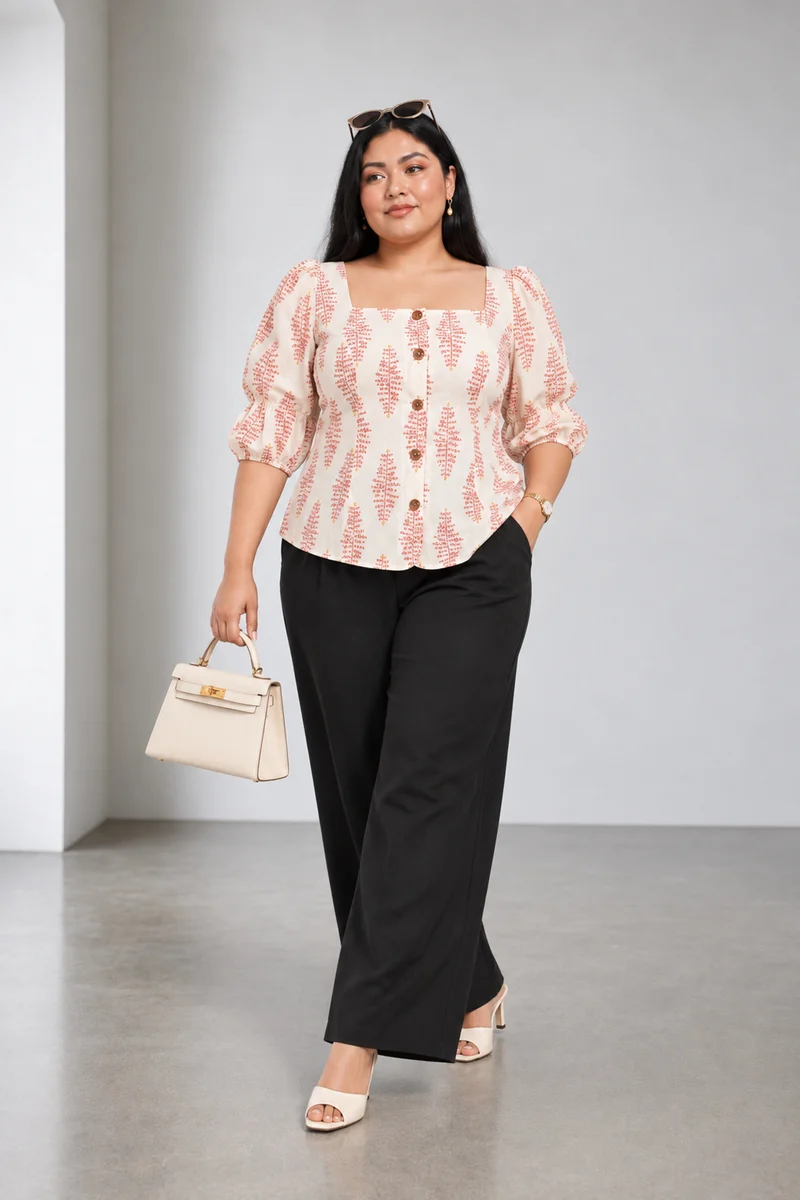 Soreva|Cotton Square Neck Puff Sleeve Top