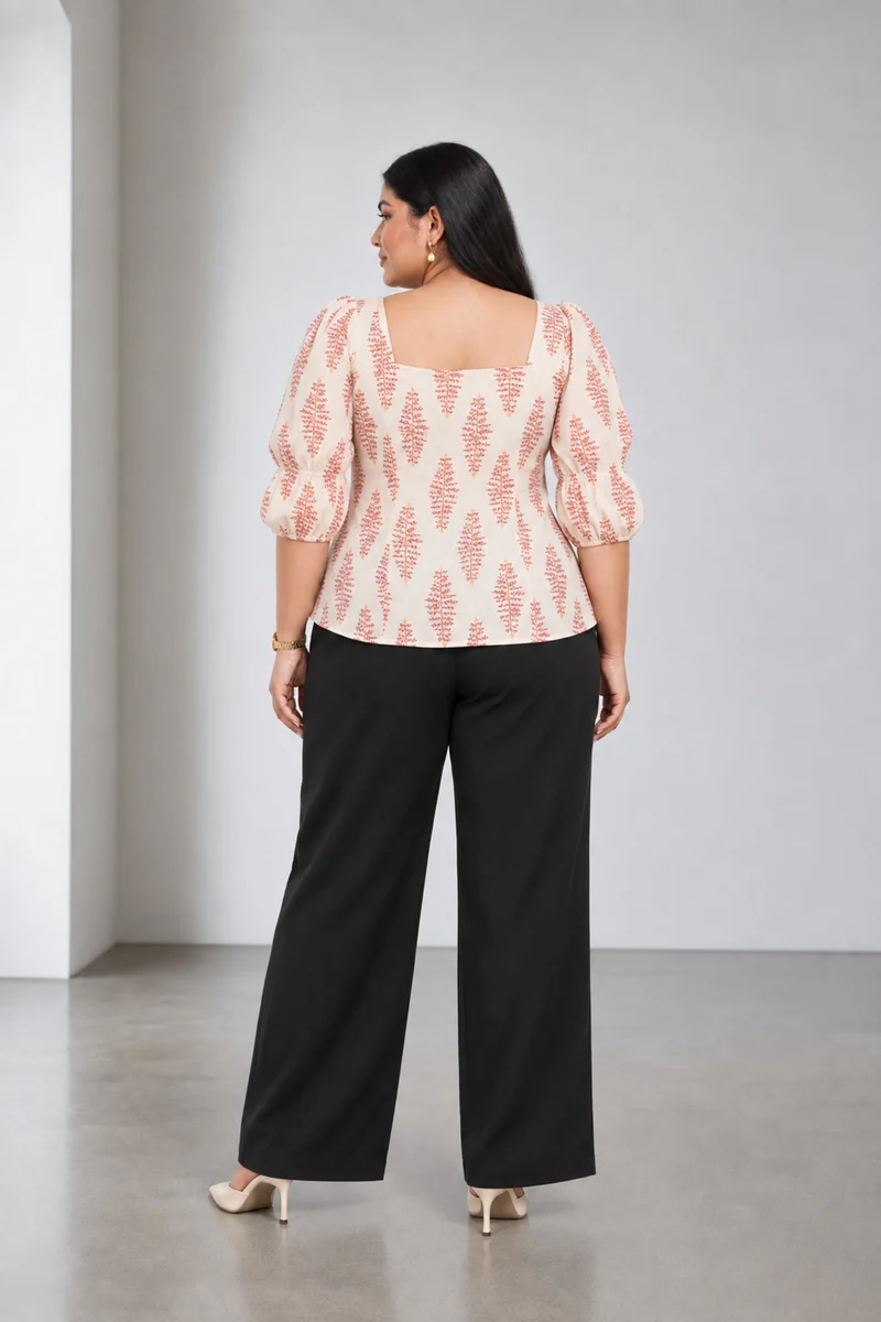 Soreva|Cotton Square Neck Puff Sleeve Top