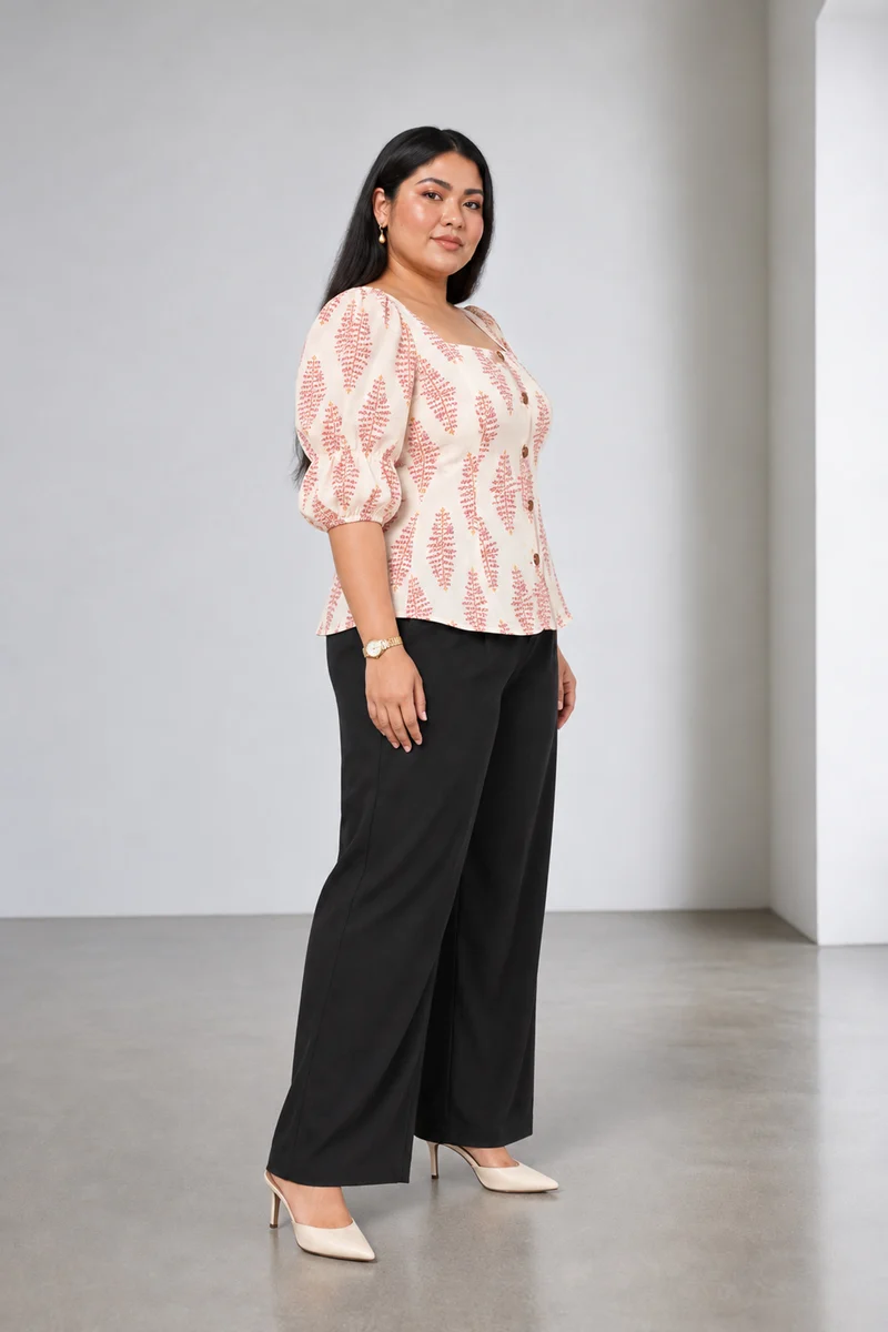 Soreva|Cotton Square Neck Puff Sleeve Top