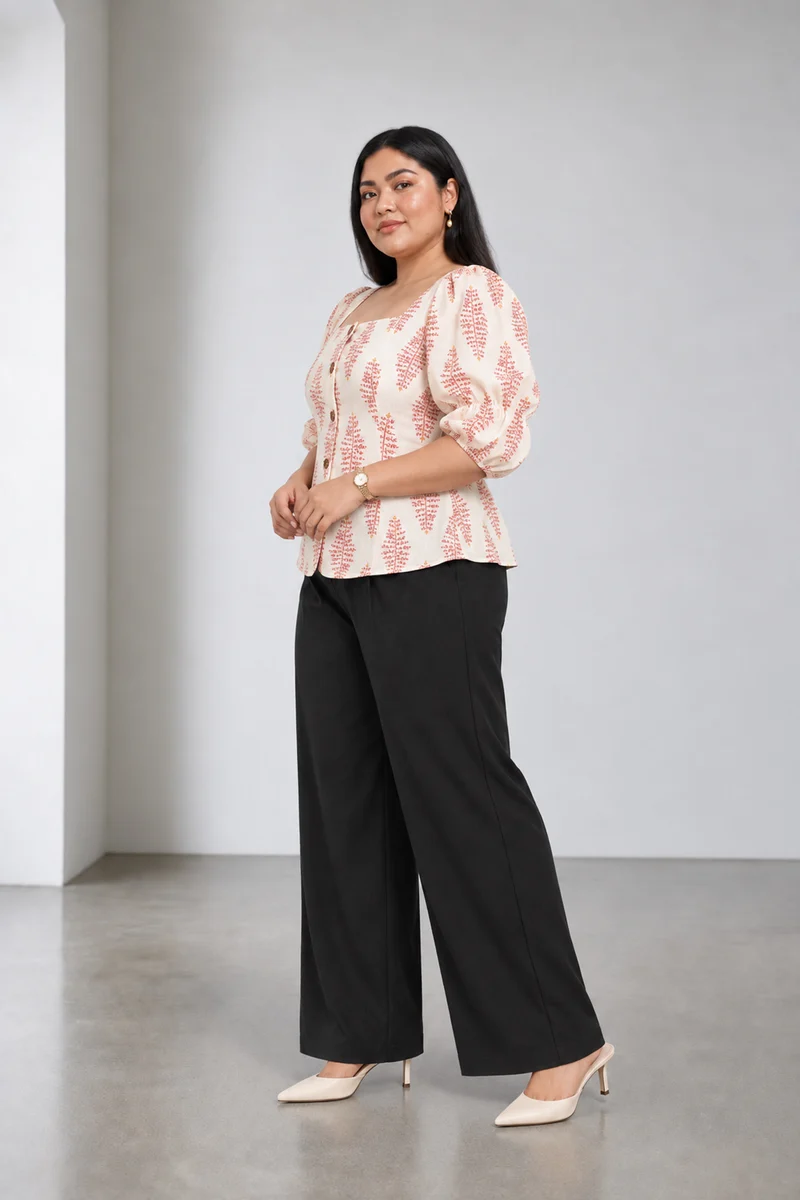 Soreva|Cotton Square Neck Puff Sleeve Top