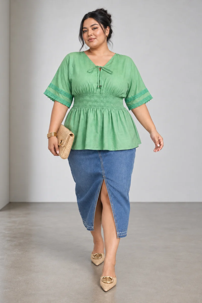 Maela|Oxford Smocked Waist Peplum Top