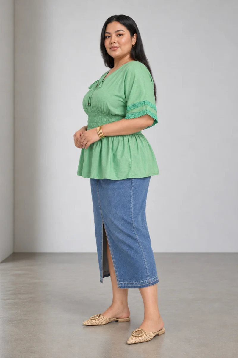 Maela|Oxford Smocked Waist Peplum Top