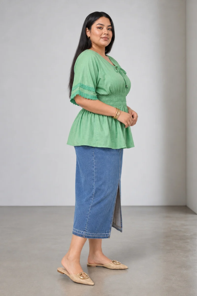 Maela|Oxford Smocked Waist Peplum Top