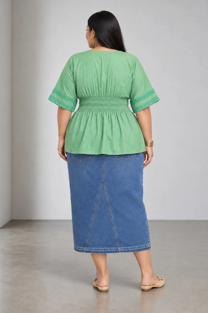 Maela|Oxford Smocked Waist Peplum Top