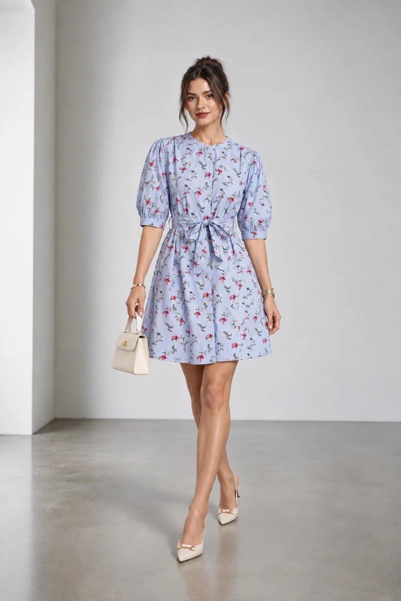 Sela|Cambric Floral Belted Shirt Dress