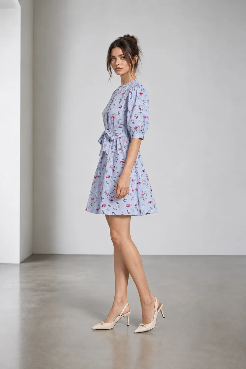 Sela|Cambric Floral Belted Shirt Dress