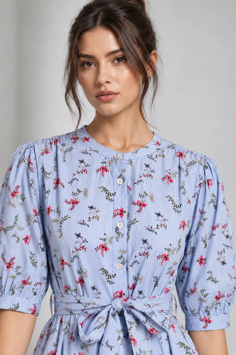 Sela|Cambric Floral Belted Shirt Dress