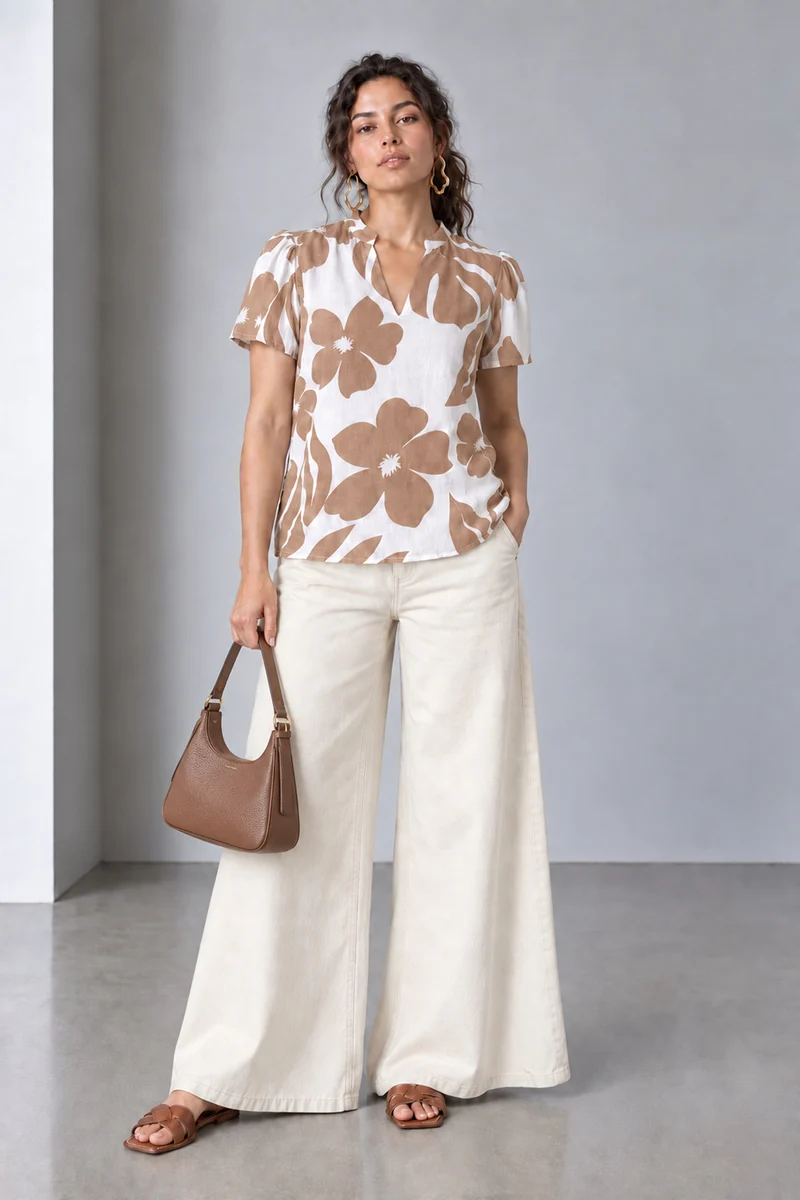 Iria|Gauze Botanical Printed Split Neck Top