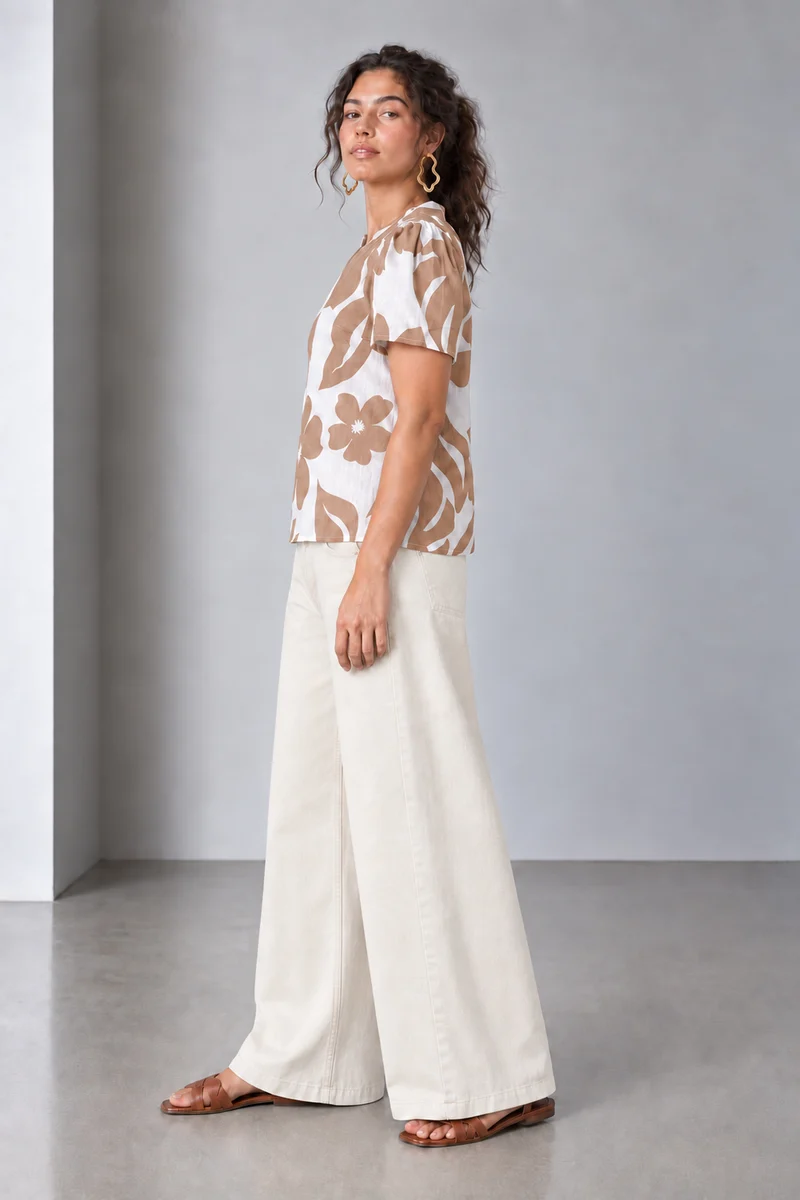 Iria|Gauze Botanical Printed Split Neck Top
