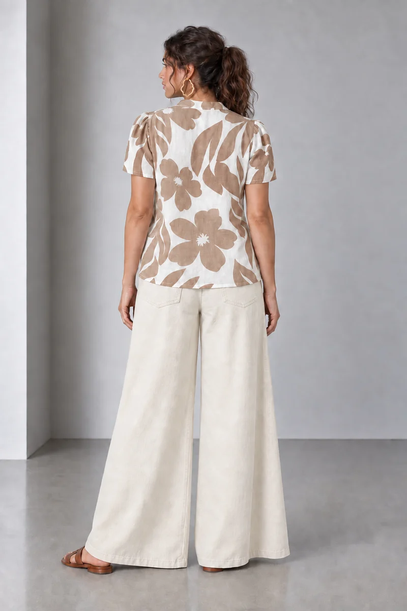 Iria|Gauze Botanical Printed Split Neck Top