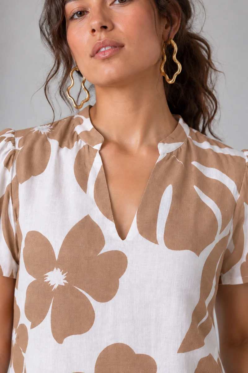 Iria|Gauze Botanical Printed Split Neck Top