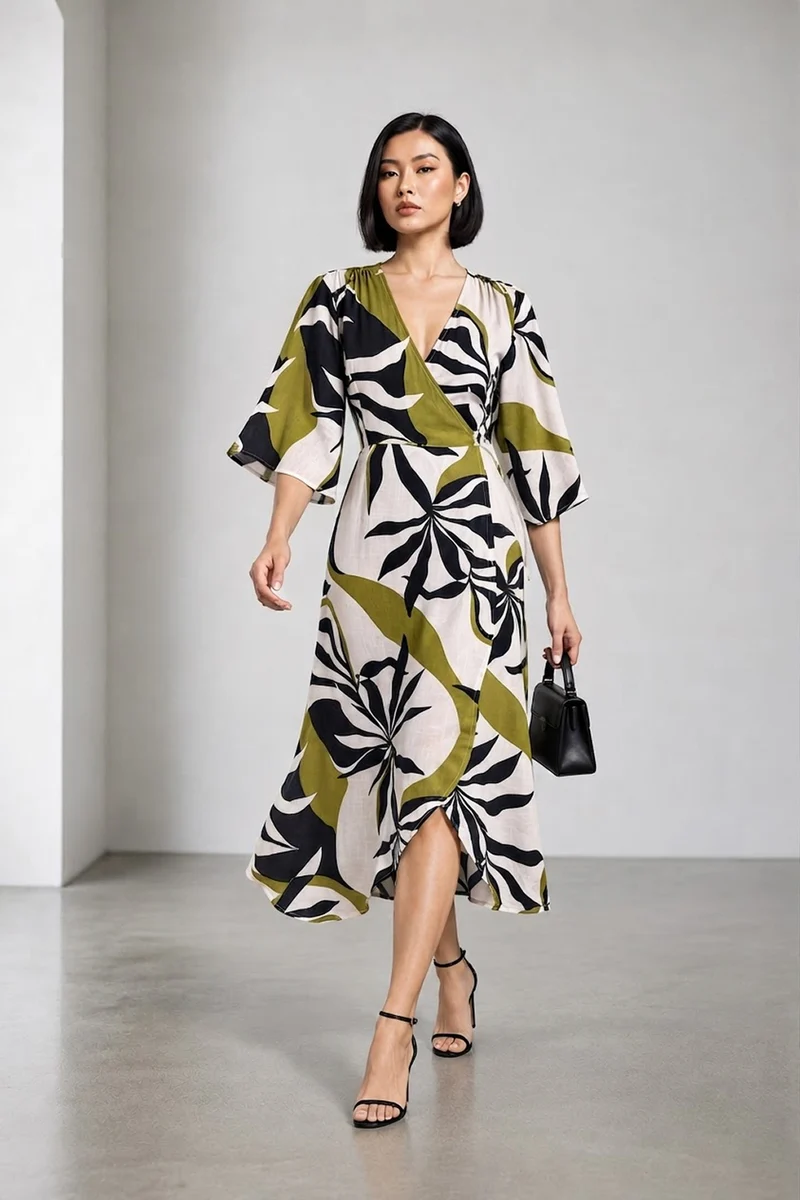 Elyon|Viscose Linen Printed Wrap Maxi Dress