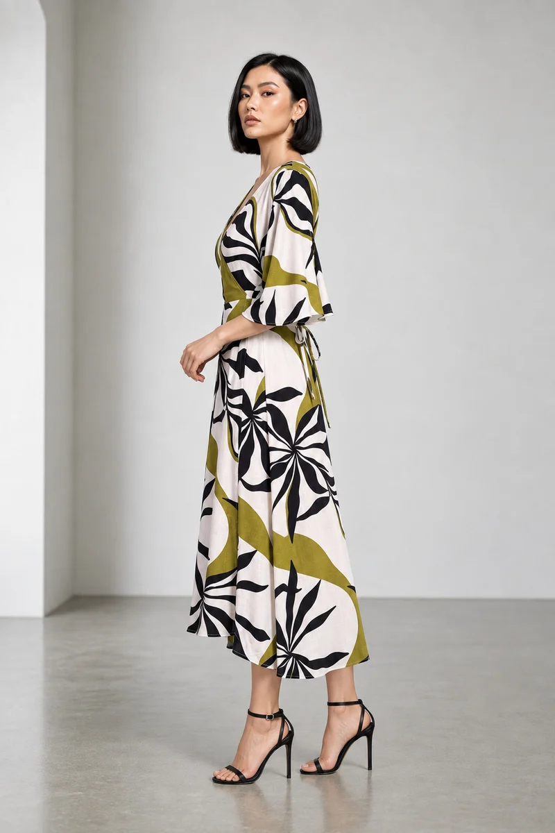 Elyon|Viscose Linen Printed Wrap Maxi Dress