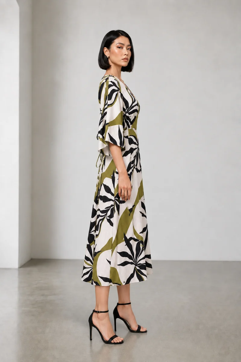Elyon|Viscose Linen Printed Wrap Maxi Dress