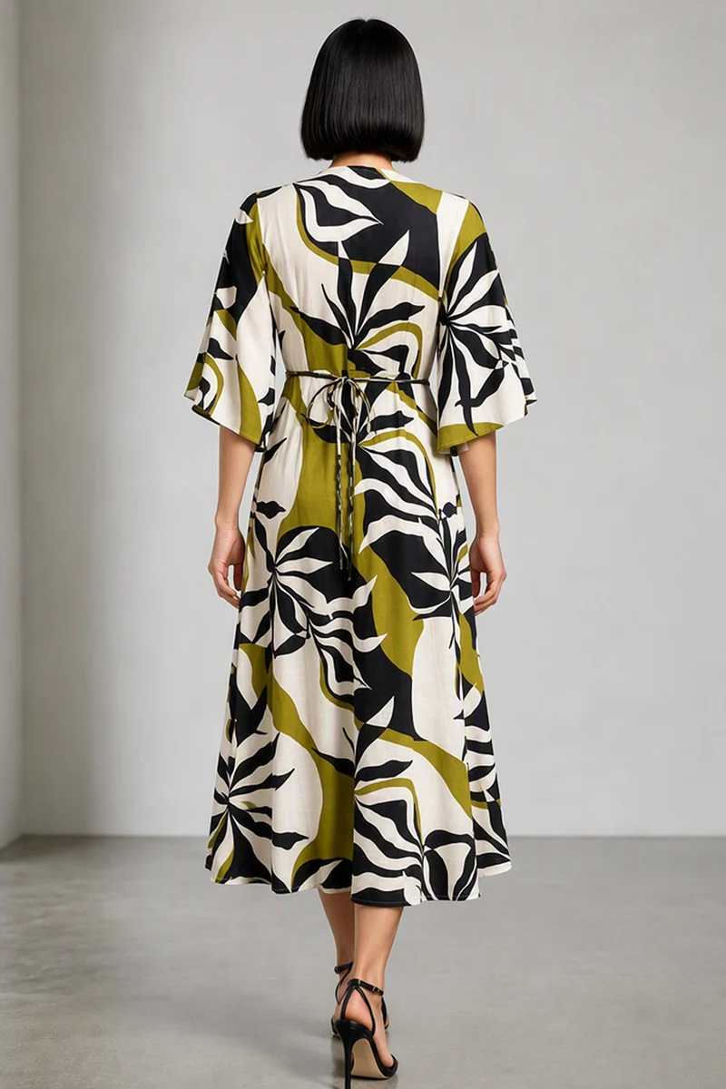 Elyon|Viscose Linen Printed Wrap Maxi Dress