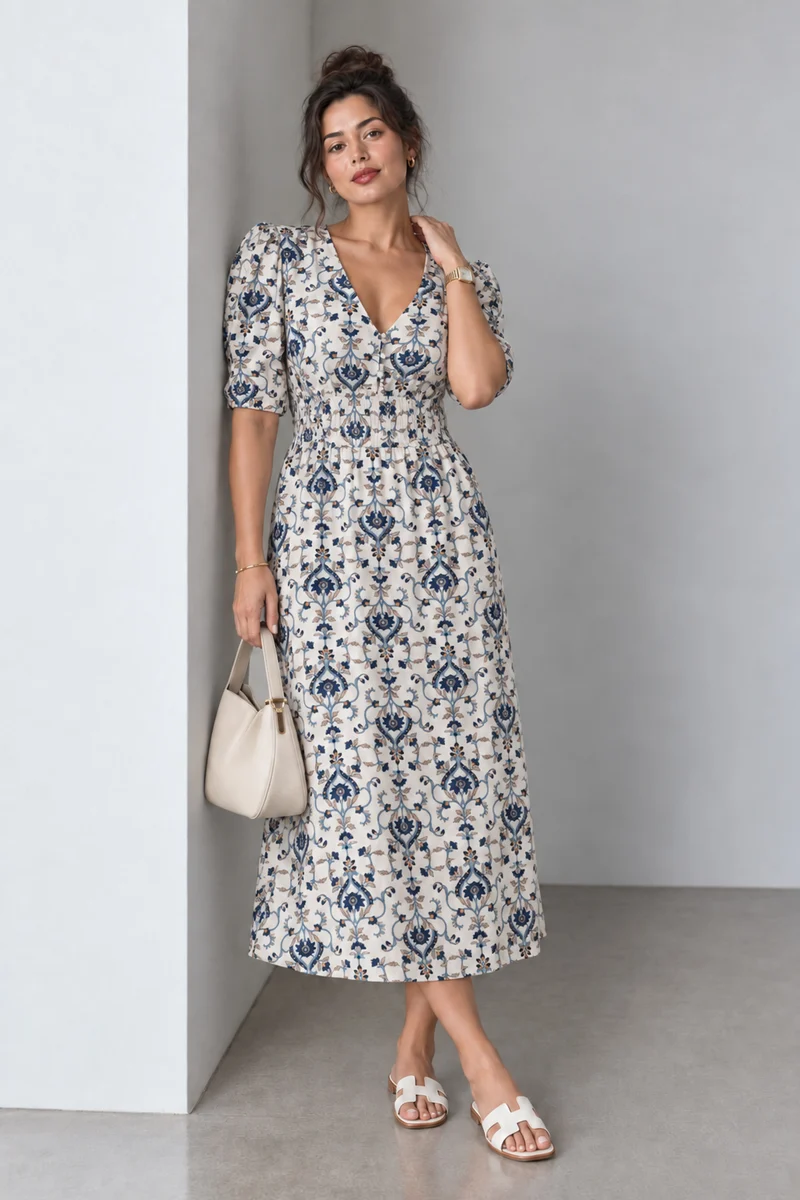 Maviea|Viscose Smocked Waist Midi Dress