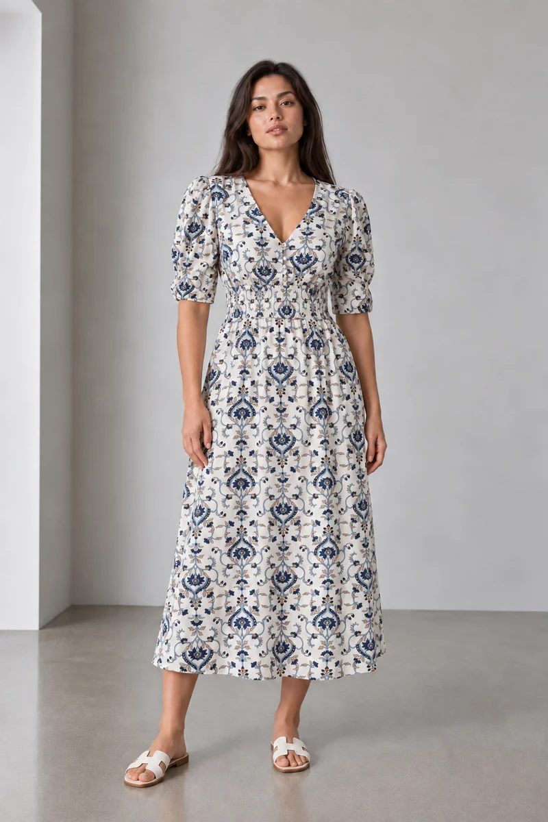 Maviea|Viscose Smocked Waist Midi Dress