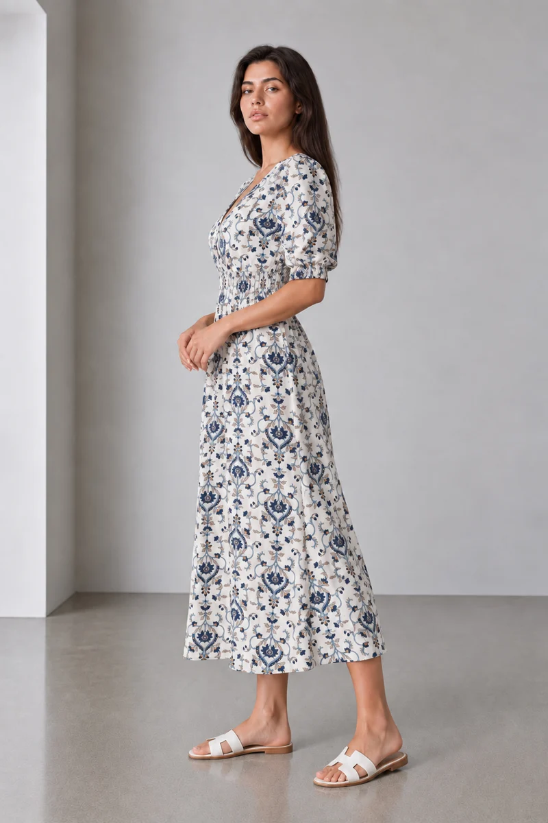 Maviea|Viscose Smocked Waist Midi Dress