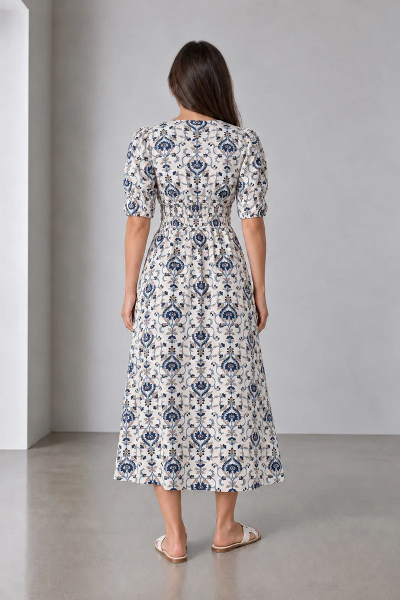 Maviea|Viscose Smocked Waist Midi Dress