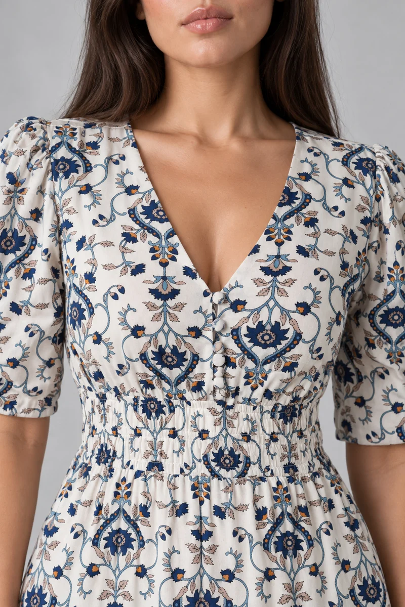Maviea|Viscose Smocked Waist Midi Dress