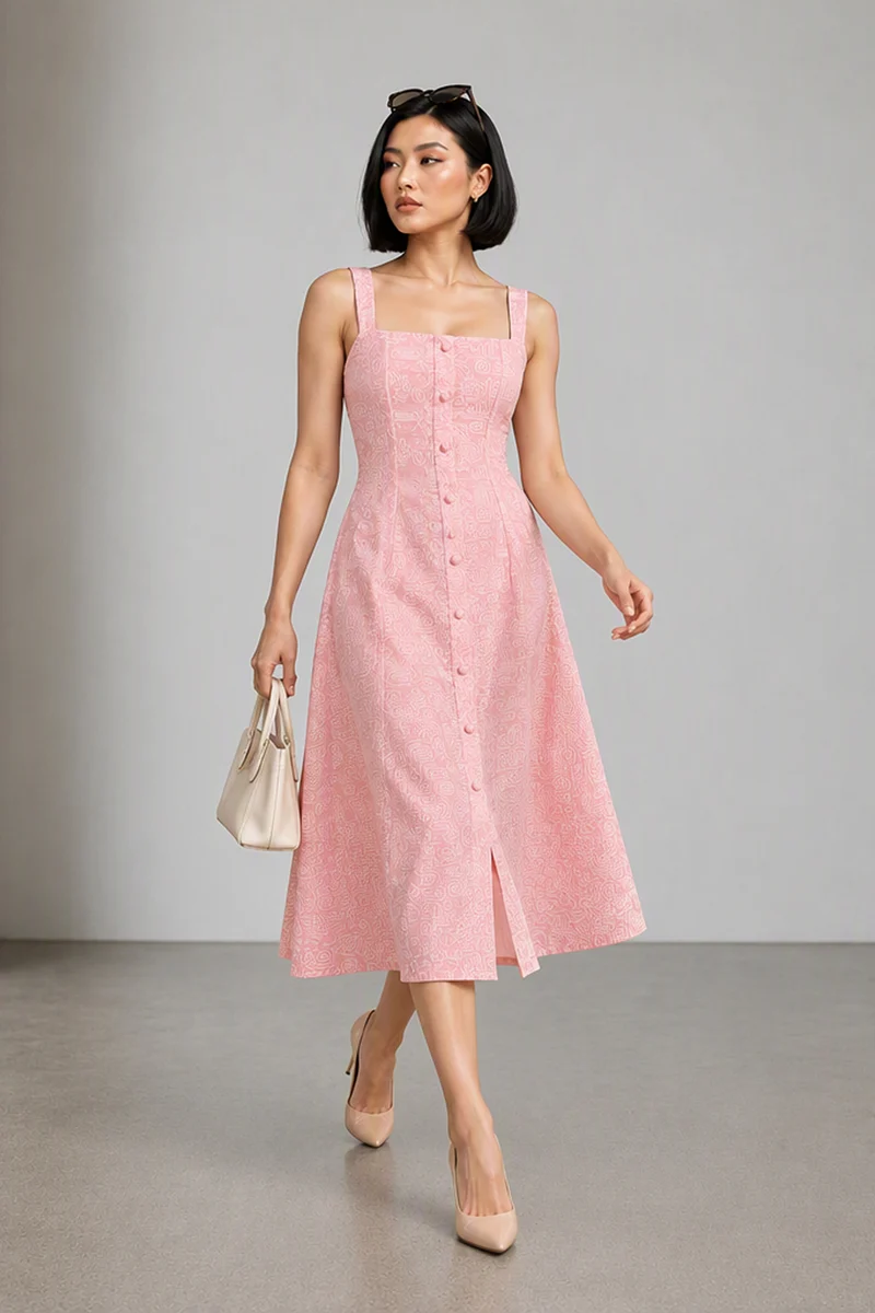Sere|Cotton Embroidered Square Neck Midi Dress