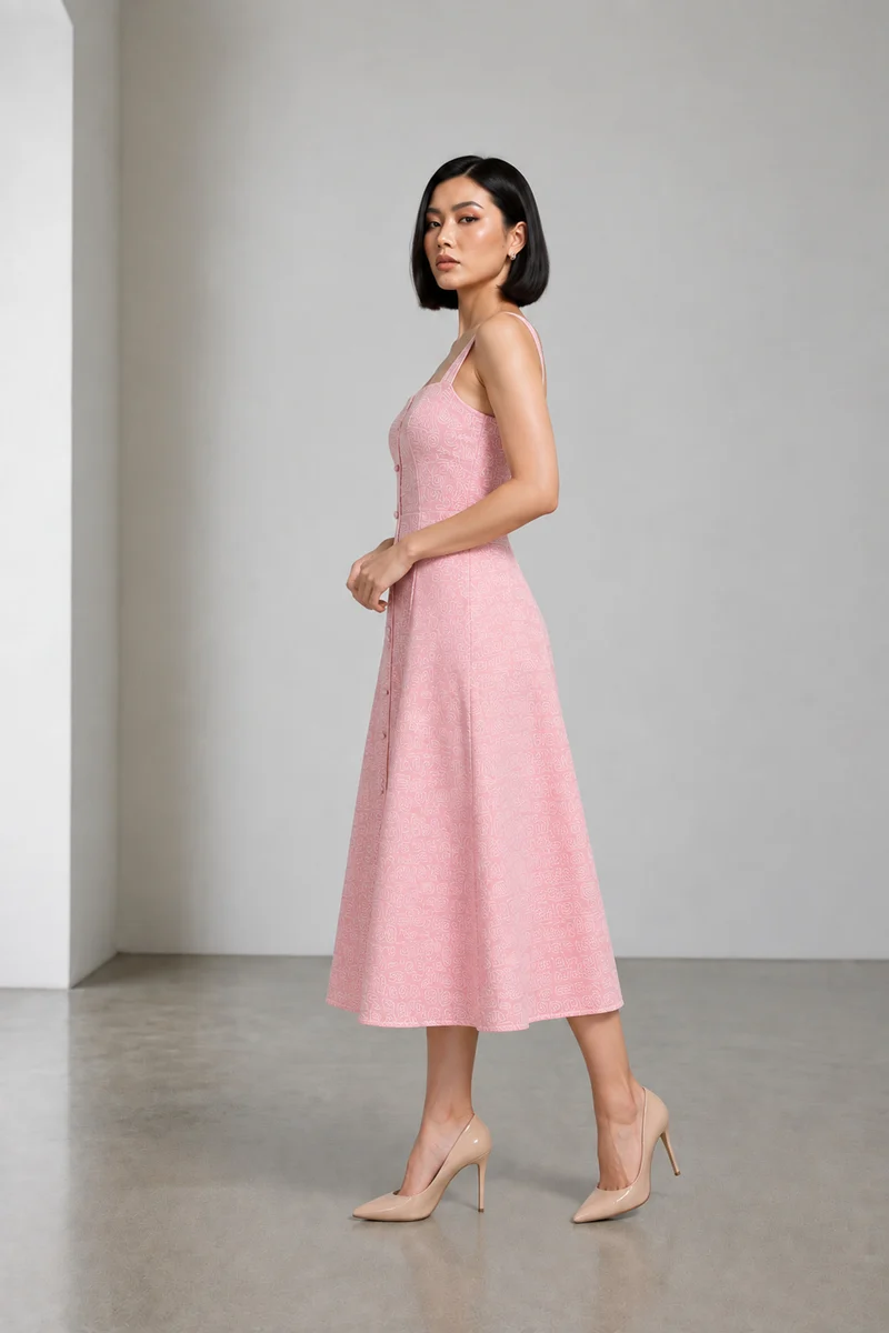 Sere|Cotton Embroidered Square Neck Midi Dress