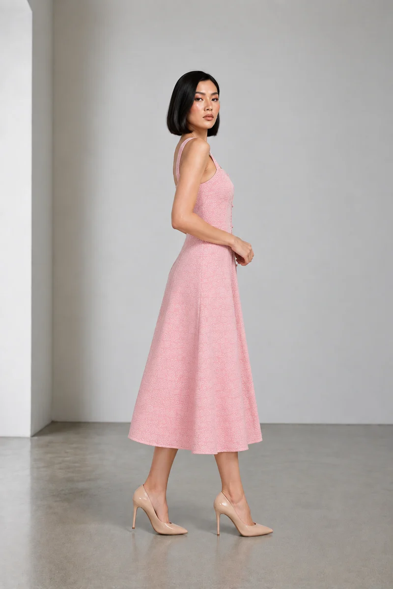 Sere|Cotton Embroidered Square Neck Midi Dress