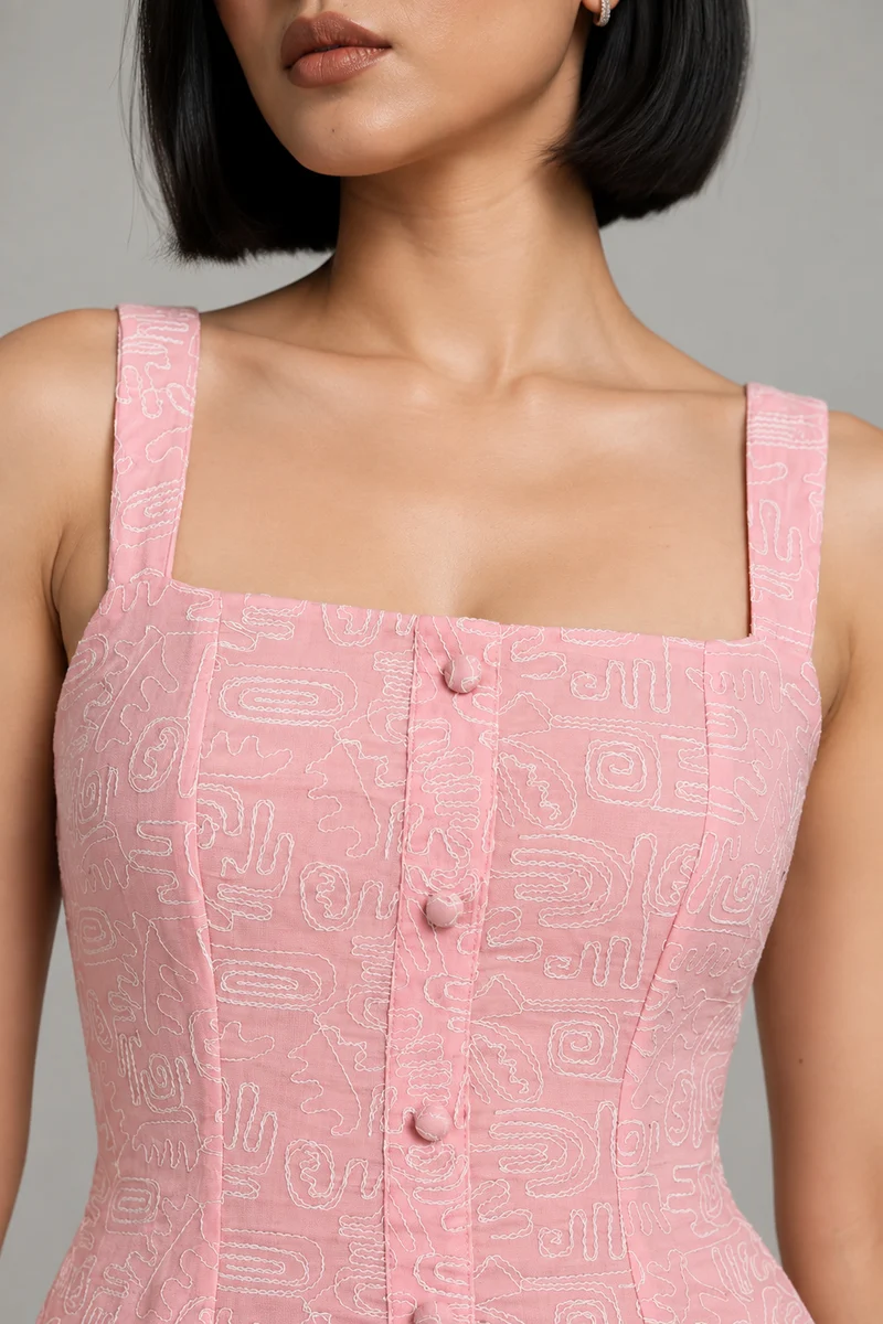 Sere|Cotton Embroidered Square Neck Midi Dress