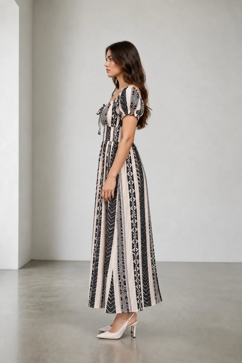 Soria|Rayon Crepe Printed Smocked Maxi Dress