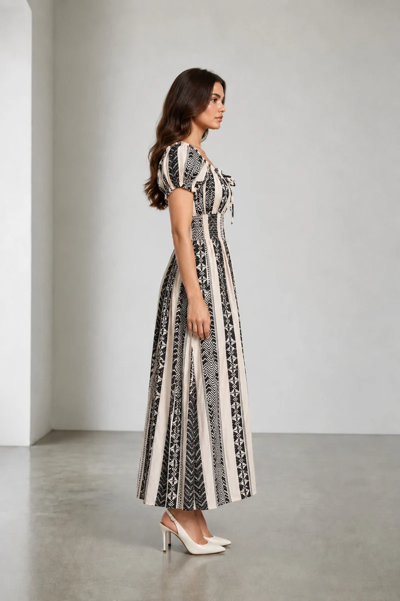 Soria|Rayon Crepe Printed Smocked Maxi Dress