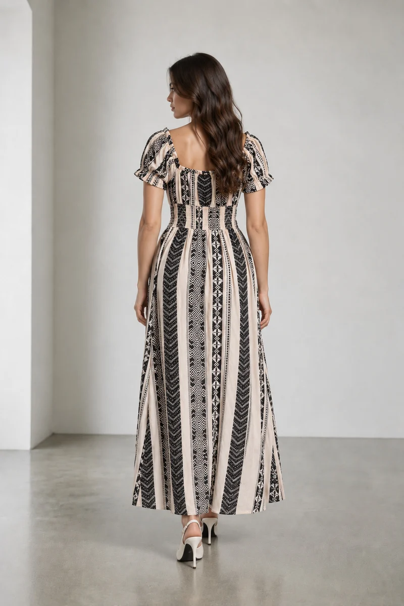 Soria|Rayon Crepe Printed Smocked Maxi Dress