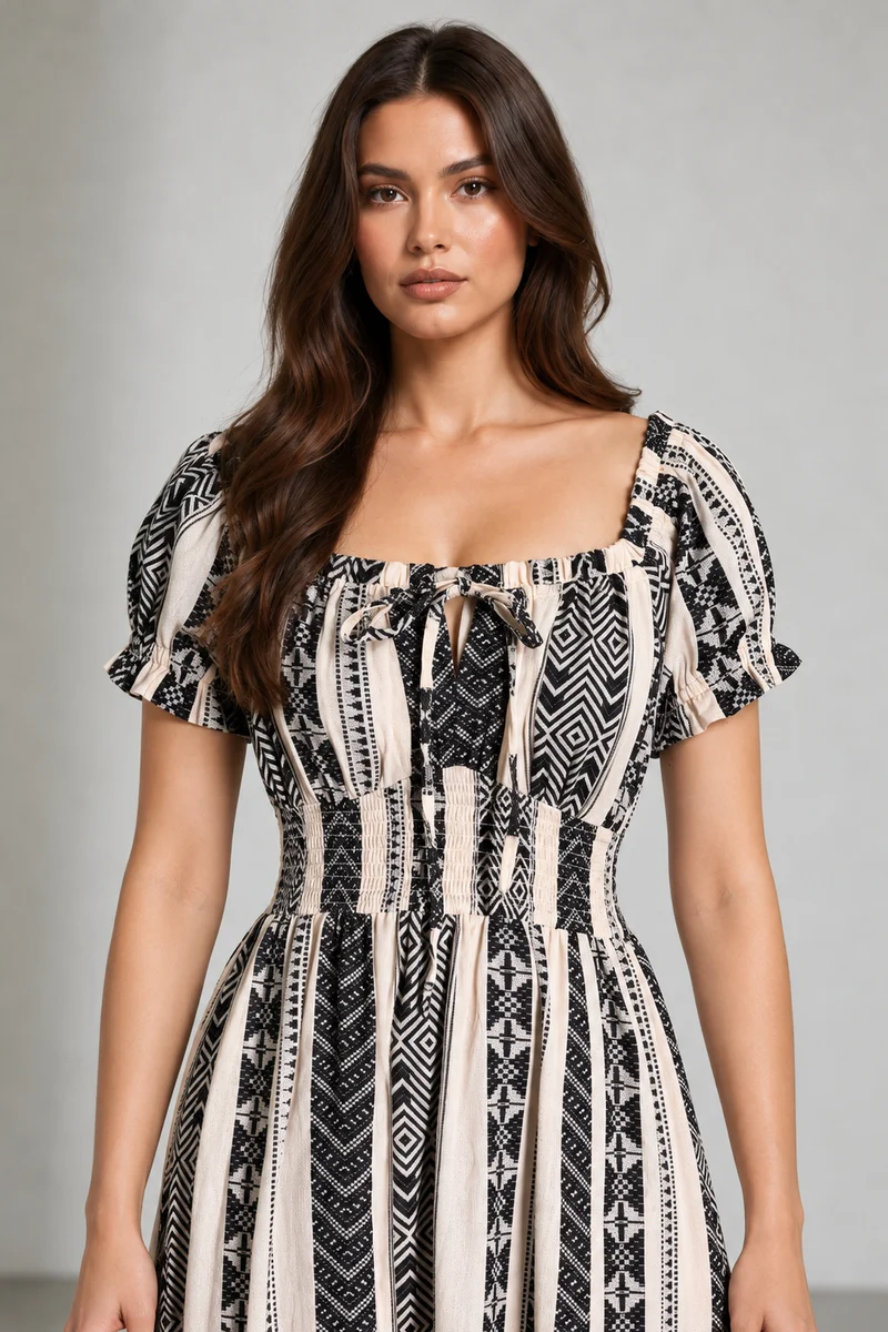 Soria|Rayon Crepe Printed Smocked Maxi Dress