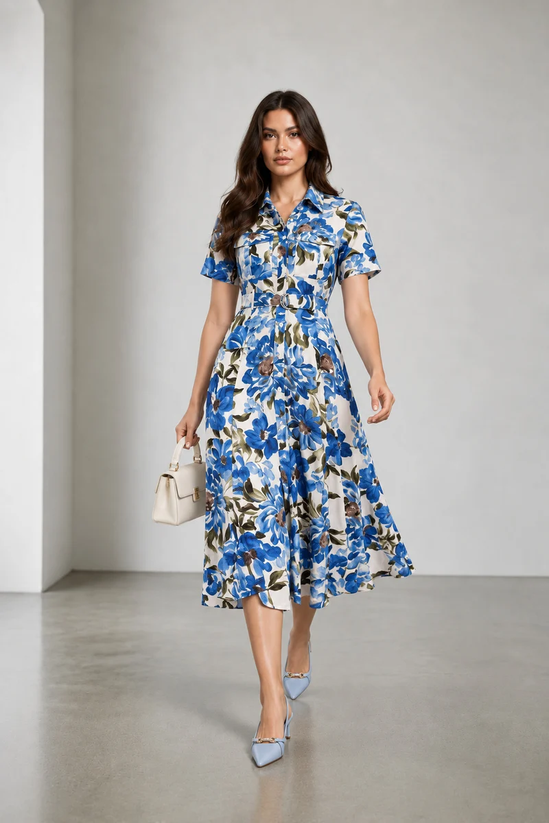 Azura|Viscose Floral Belted Shirt Dress