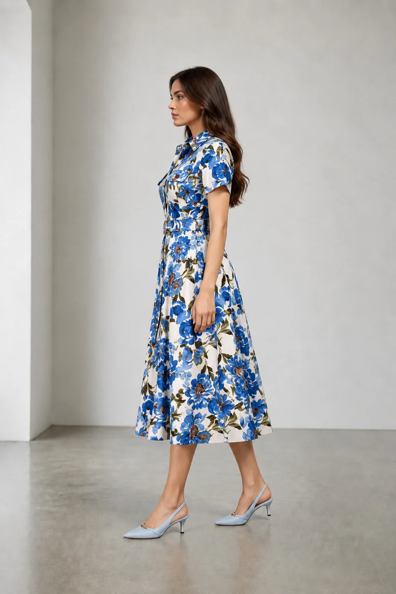Azura|Viscose Floral Belted Shirt Dress