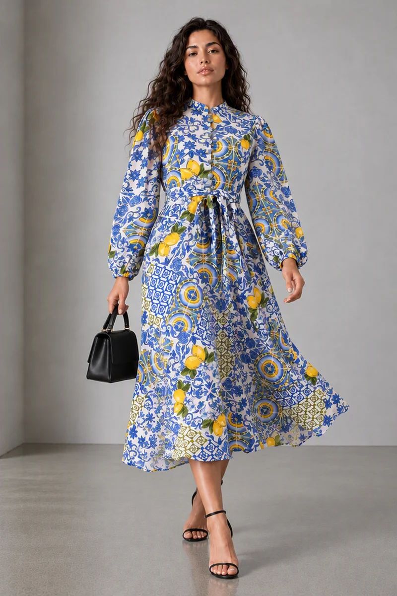 Belya|Rayon Crepe Printed Belted Midi Dress