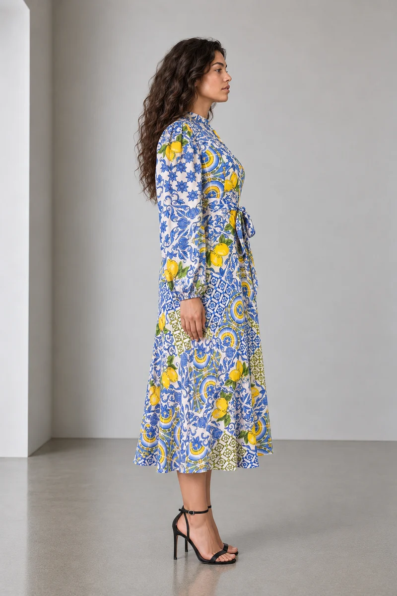 Belya|Rayon Crepe Printed Belted Midi Dress