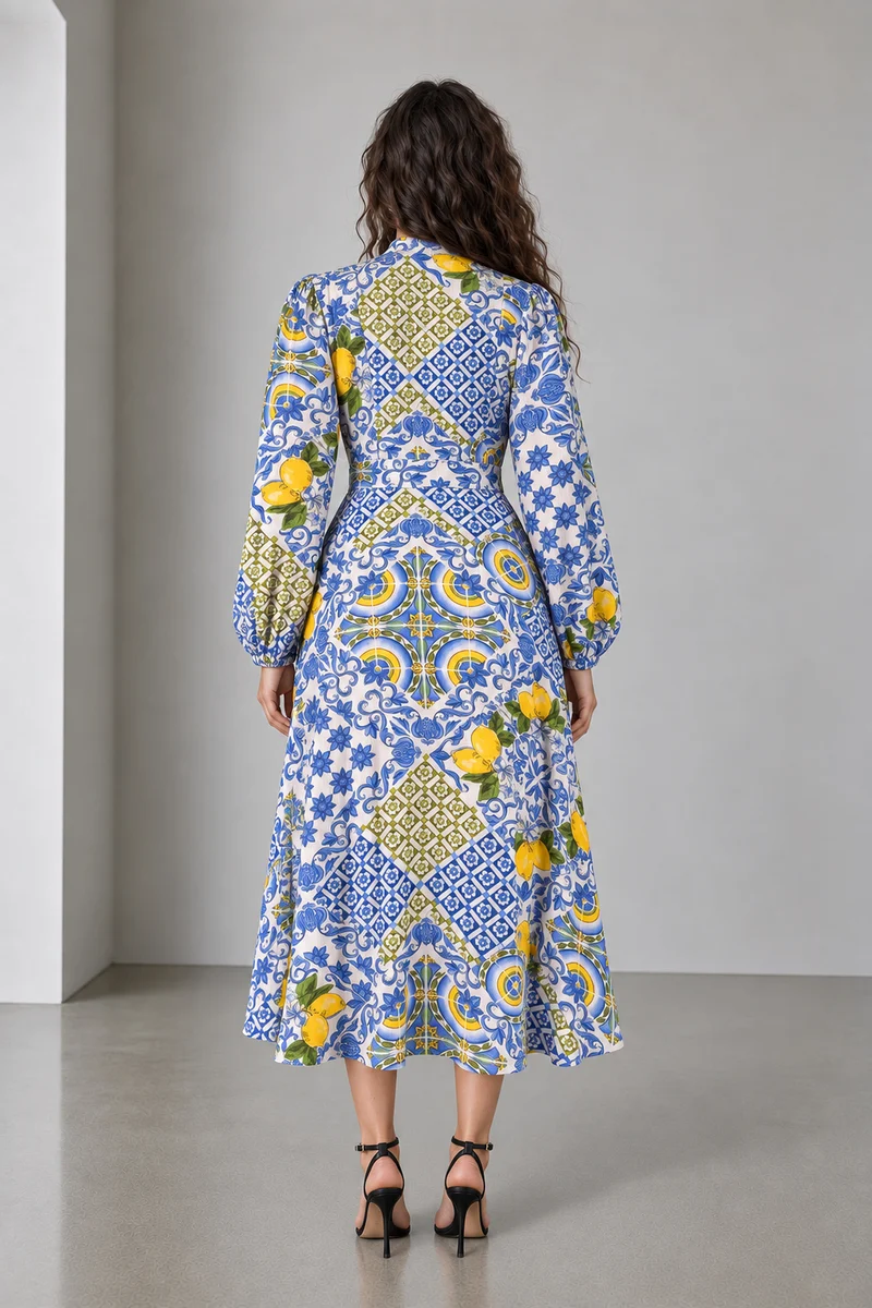 Belya|Rayon Crepe Printed Belted Midi Dress