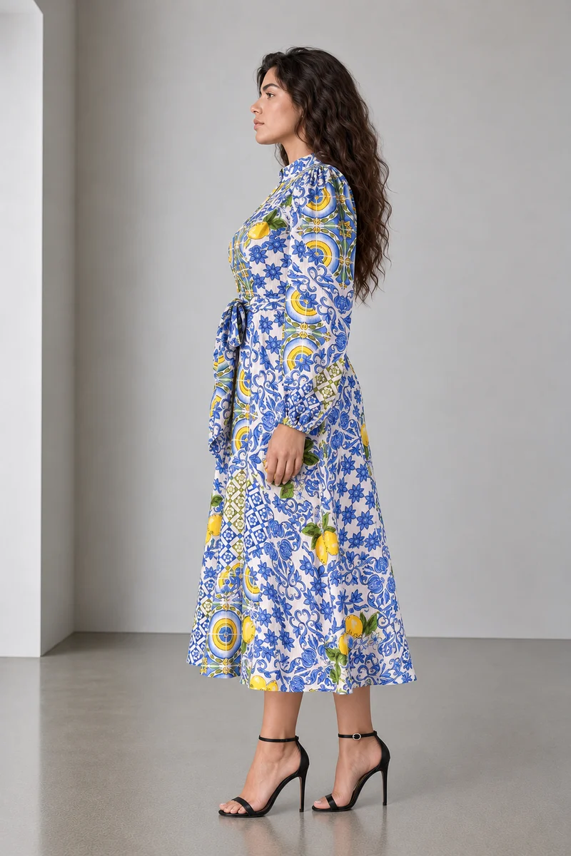 Belya|Rayon Crepe Printed Belted Midi Dress