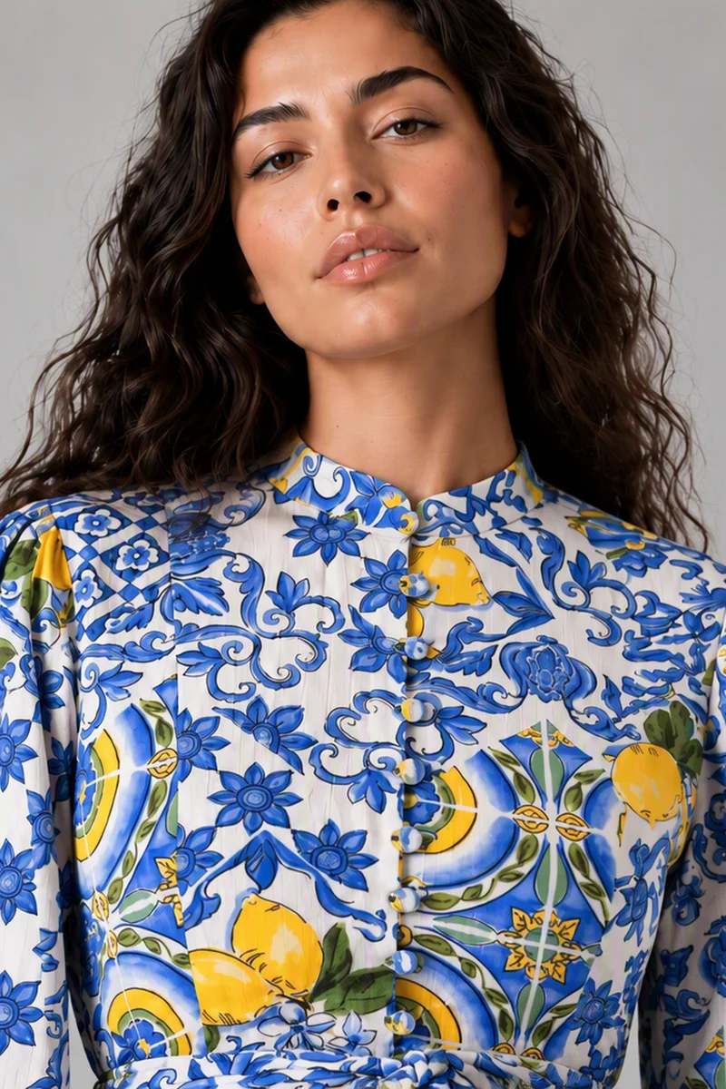 Belya|Rayon Crepe Printed Belted Midi Dress