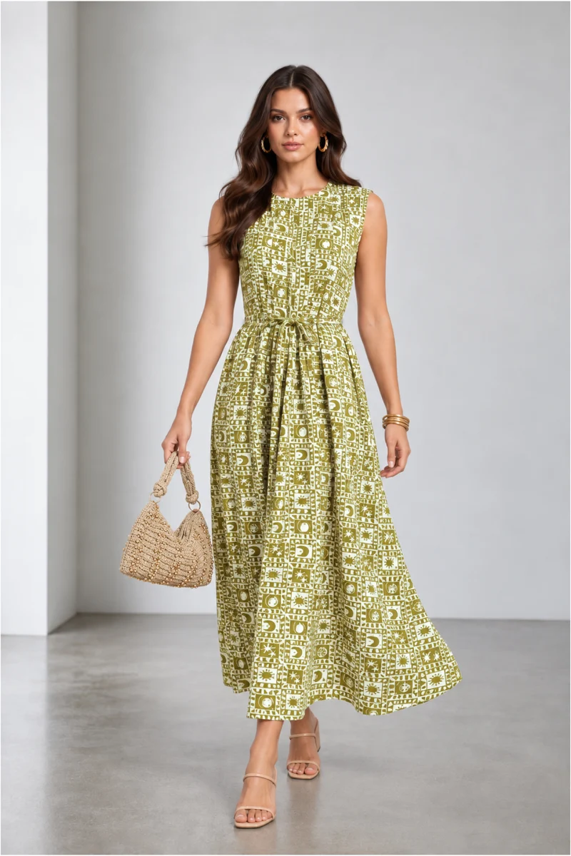 Miran|Cotton Round Neck Pleated Dress