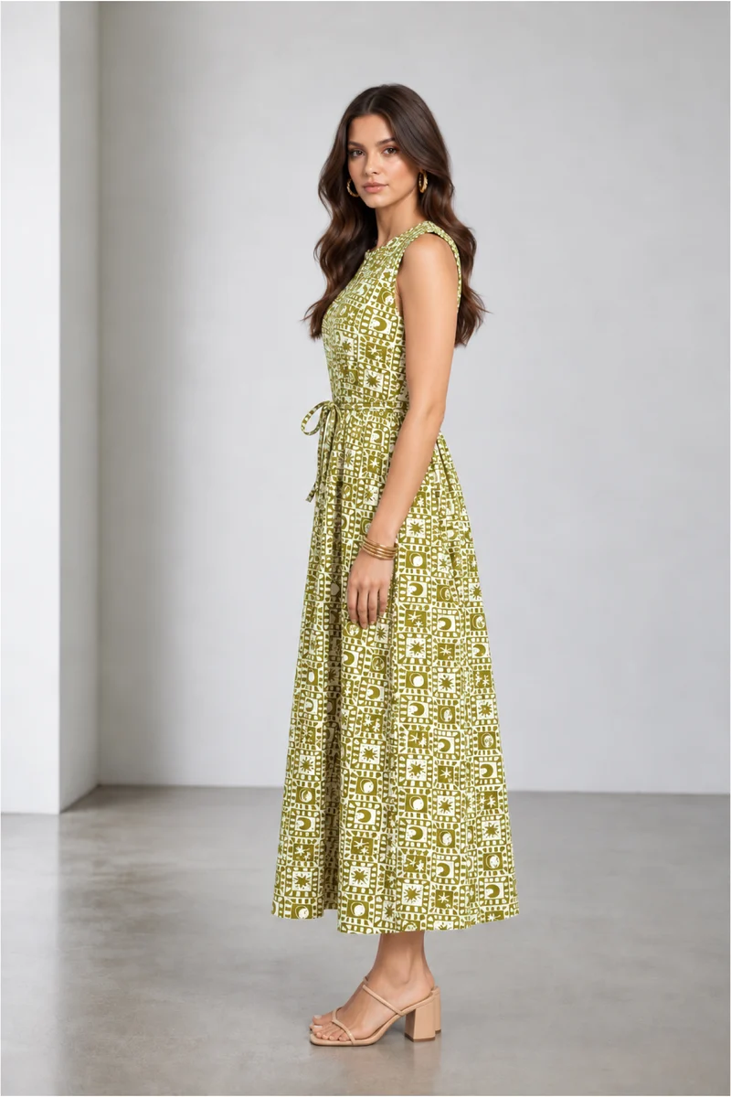 Miran|Cotton Round Neck Pleated Dress