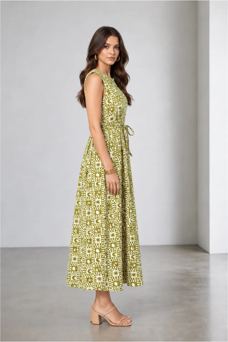 Miran|Cotton Round Neck Pleated Dress