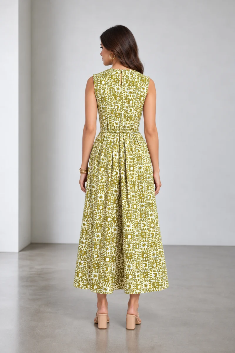 Miran|Cotton Round Neck Pleated Dress