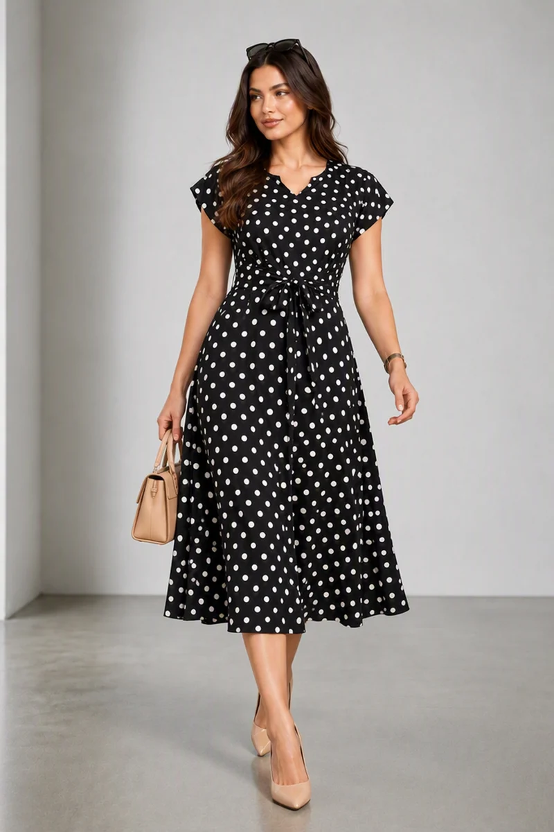 Vianne|Viscose Polka Dot Tie Up Dress